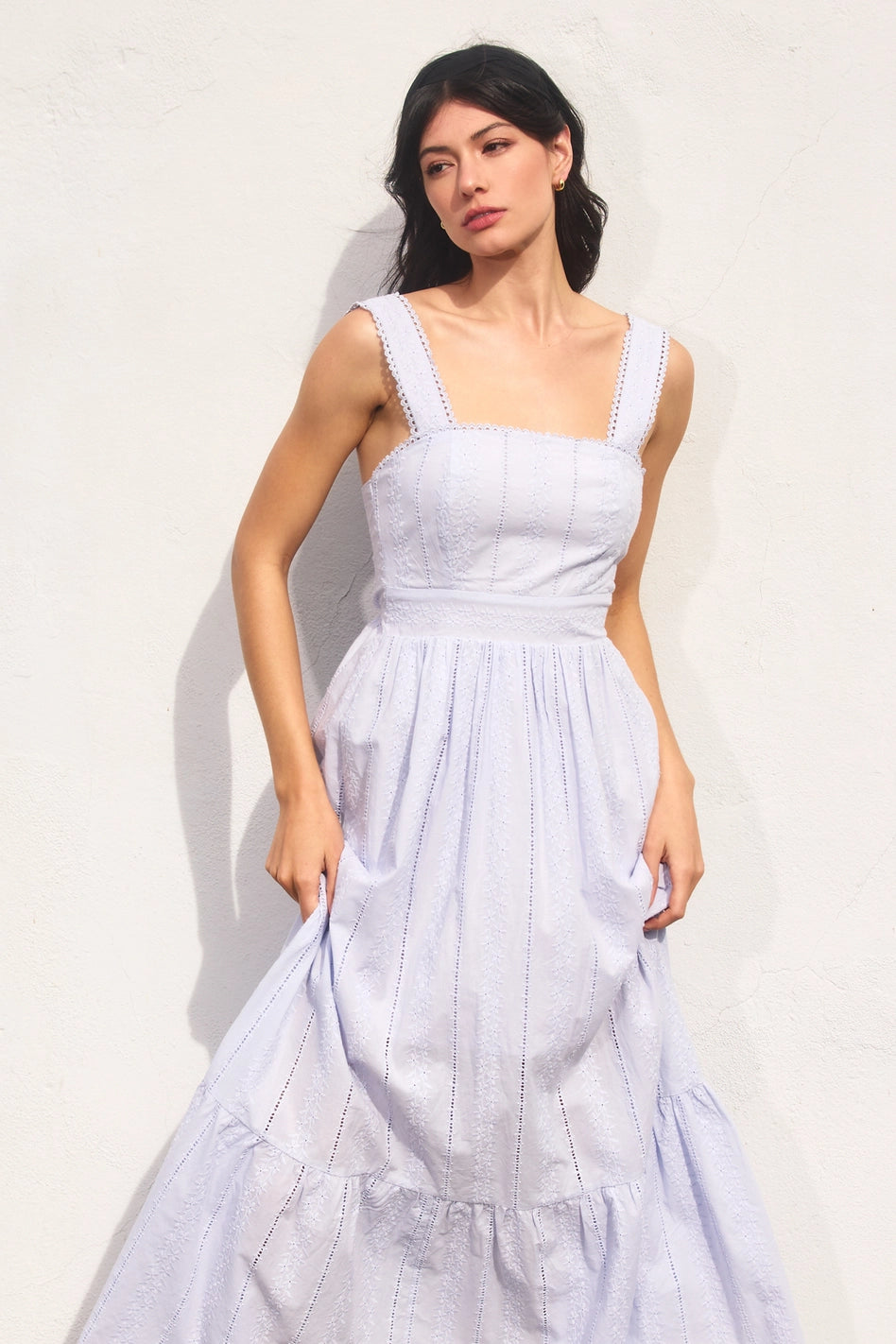 Blue Sunbeam Eyelet Lace Trim Maxi Dress