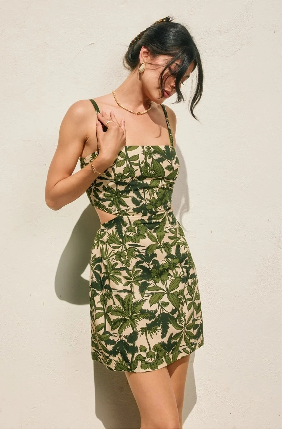 Palm Print Cut-Out Mini Dress