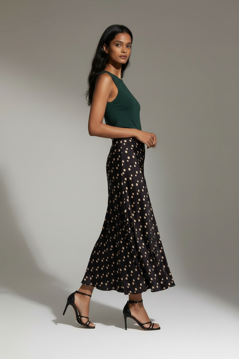 Black polka dot Milly Satin Maxi Skirt