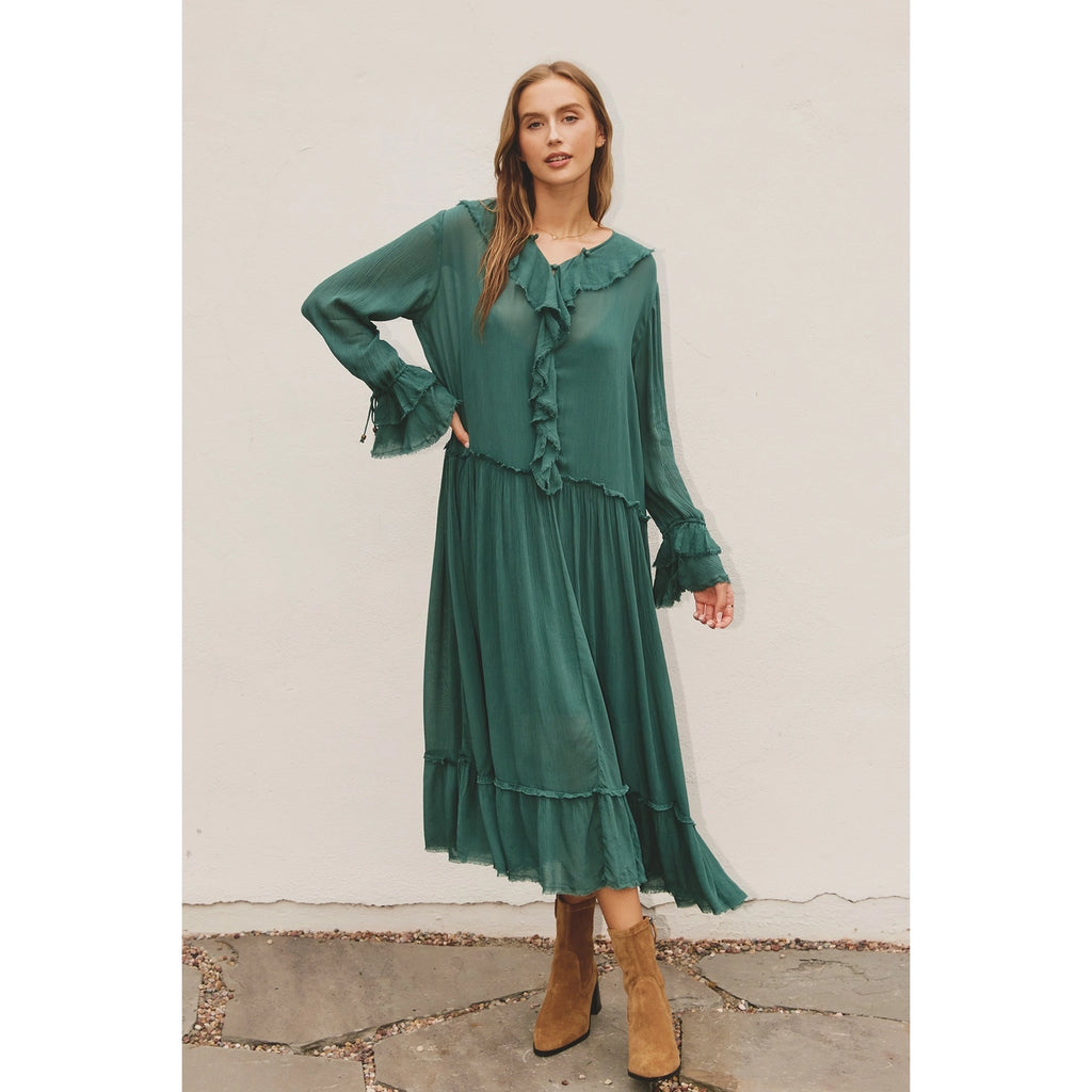 Robe longue verte décontractée à volants